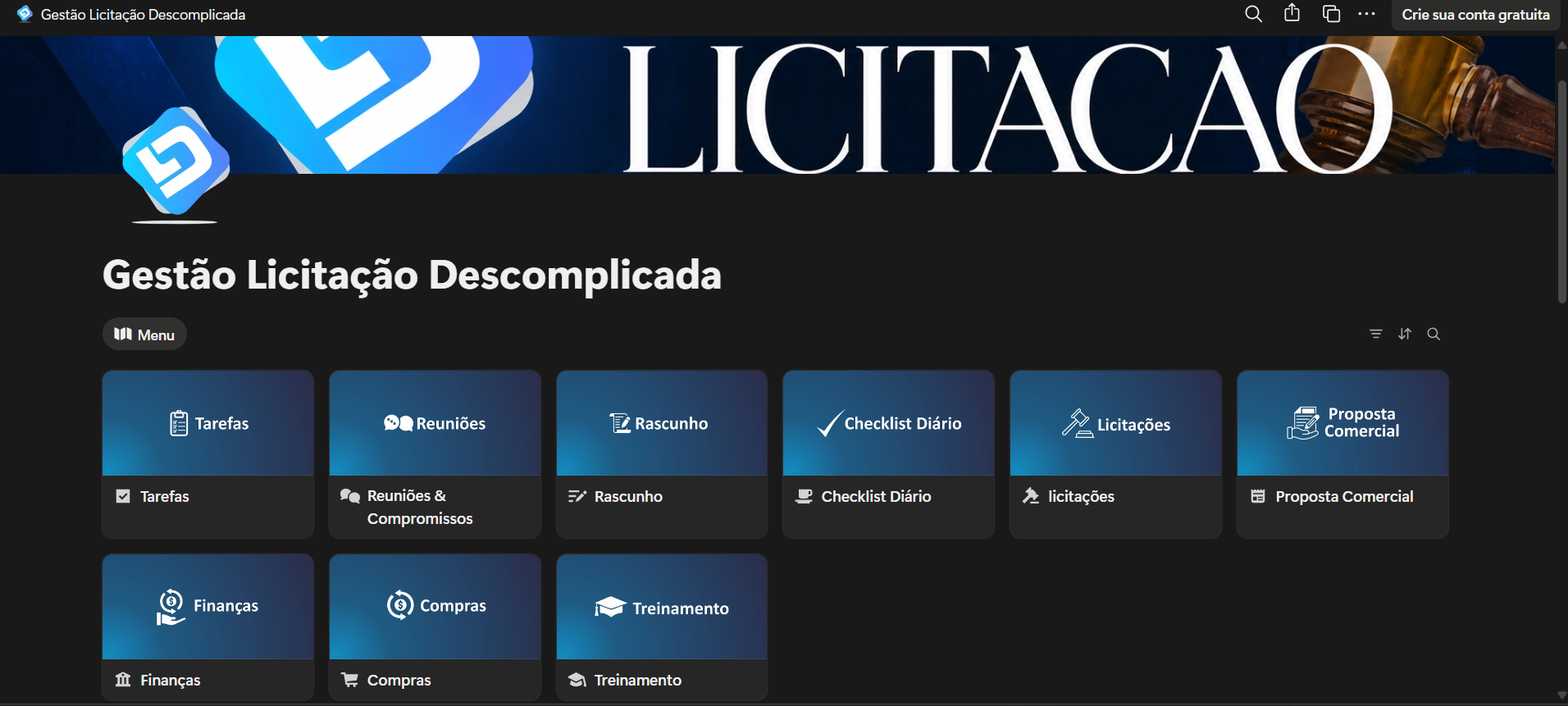 Sistema de Gestão de Licitações — visão do menu principal com módulos de Tarefas, Reuniões, Rascunho, Checklist Diário, Licitações, Proposta Comercial, Finanças, Compras e Treinamento.